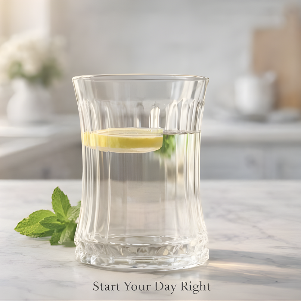Glassozy 6-Piece Ribbed Crystal Water Glass Set – 12oz Premium Glassware with Wooden Serving Tray – Perfect Gift for Housewarming, Weddings & Hosting