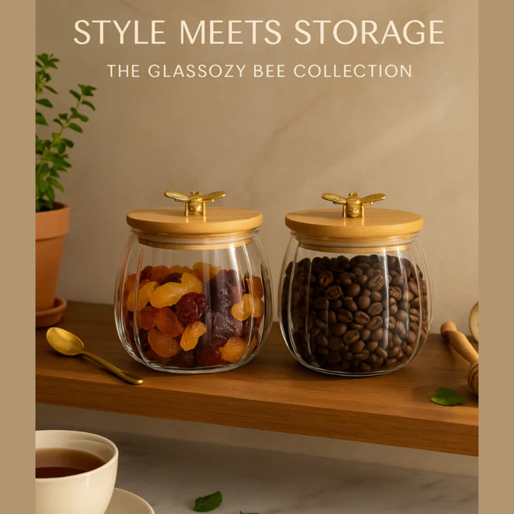 Glassozy 600 ml Premium Borosilicate Glass Jar 2 PCS with Bamboo Lid & Golden Bee Handle — Elegant Airtight Container for Honey, Dry Fruits, Tea, or Coffee