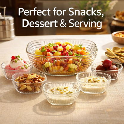 7 PCS Premium Glass Bowl Set (1 Large 8 Inch + 6 Small 4 Inch) | Clear Transparent Serving Bowls for Snacks, Dessert, Fruits & Kitchen Use | Stackable & Easy to Clean