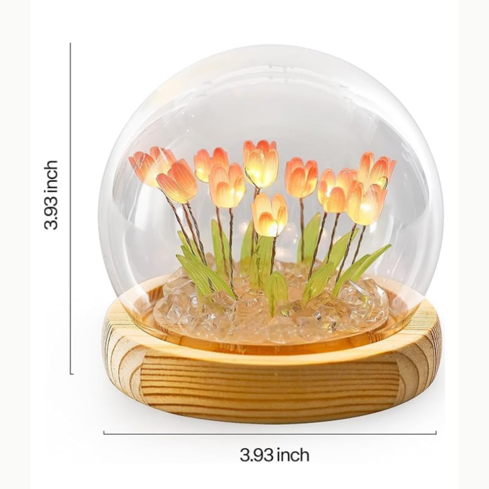 Glassozy Tulip Crystal Dome LED Lamp – Luxury Flower Night Light with Wooden Base | Romantic Bedroom Decor, Gift for Couples, Anniversary & Home Aesthetic Lighting