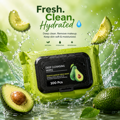 Avocado Deep Cleansing Makeup Remover Wipes – Hydrating Facial Cleansing Towelettes for Fresh & Glowing Skin (100 PCS)