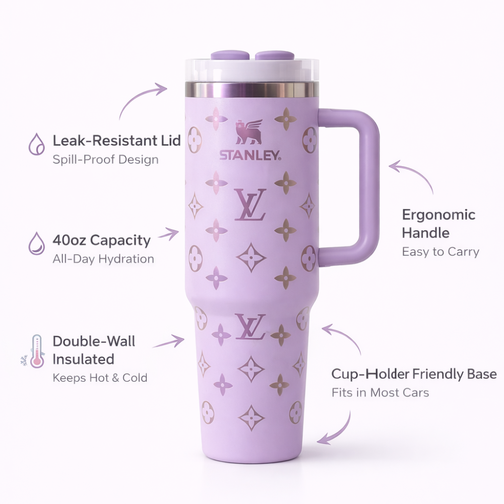 Stanley LV Inspired 40oz Quencher Tumbler – Custom Lavender Monogram Insulated Cup with Handle & Straw – Luxury Travel Mug for Hot & Cold Drinks