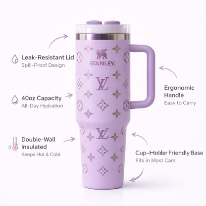 Stanley LV Inspired 40oz Quencher Tumbler – Custom Lavender Monogram Insulated Cup with Handle & Straw – Luxury Travel Mug for Hot & Cold Drinks
