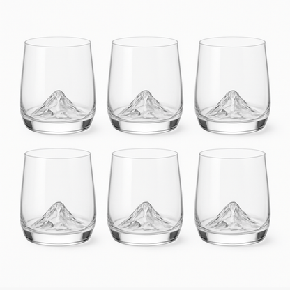 Set of 6 Mountain-Peak Whiskey Glasses – 3D Sculpted Base, Thick-Bottom Rocks Tumblers for Whisky, Bourbon, Cocktails & Juice | Lead-Free Clear Glass