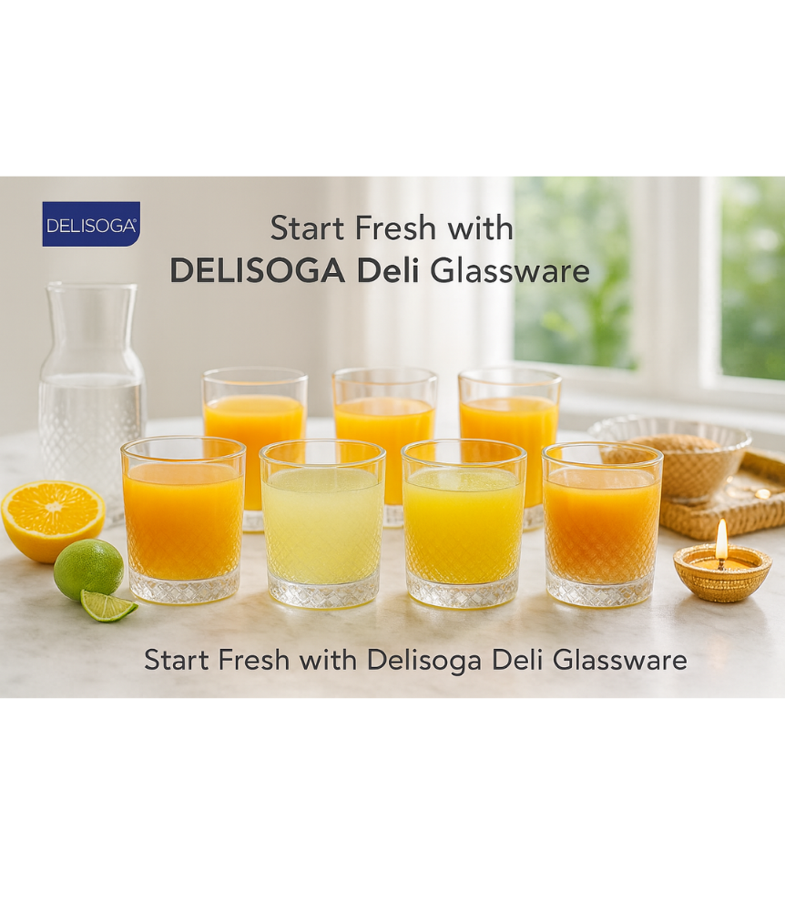 Delisoga Deli Glassware Set – 6 Pcs (205 ml) | Premium Diamond-Cut Drinkware for Juice, Whiskey & Cocktails | Elegant Everyday Glass Tumbler Set