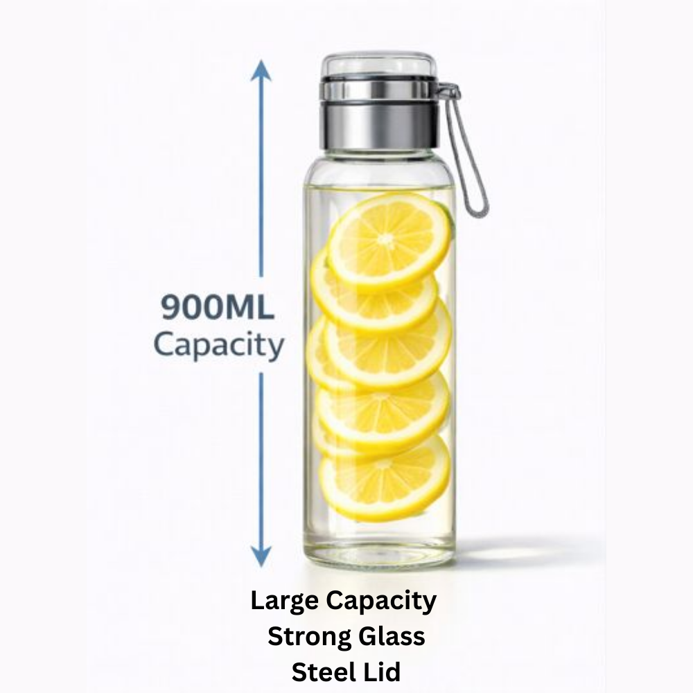 900ML Glass Sports Water Bottle with Steel Lid | BPA-Free Leak-Proof Detox Bottle | Premium Glass Hydration Bottle for Gym, Office, Travel & Daily Use