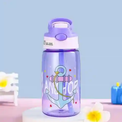 Kids Water Bottle with Straw & Flip Lock Lid | Leak-Proof BPA-Free Sipper Bottle for School, Travel & Outdoor | Cartoon Printed Toddler Sipper with Carry Handle – 550ml