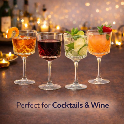 4 PCS Cocktail Glass Set – 320–340 ML Premium Diamond-Cut Glass | Elegant Long Stem Wine & Cocktail Glasses | Crystal Clear, Stable Base | Party, Home Bar & Gifting