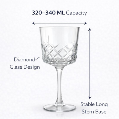 4 PCS Cocktail Glass Set – 320–340 ML Premium Diamond-Cut Glass | Elegant Long Stem Wine & Cocktail Glasses | Crystal Clear, Stable Base | Party, Home Bar & Gifting