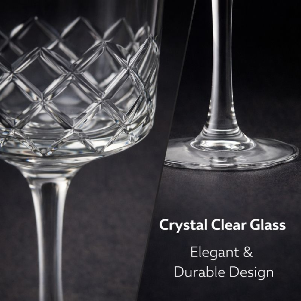 4 PCS Cocktail Glass Set – 320–340 ML Premium Diamond-Cut Glass | Elegant Long Stem Wine & Cocktail Glasses | Crystal Clear, Stable Base | Party, Home Bar & Gifting