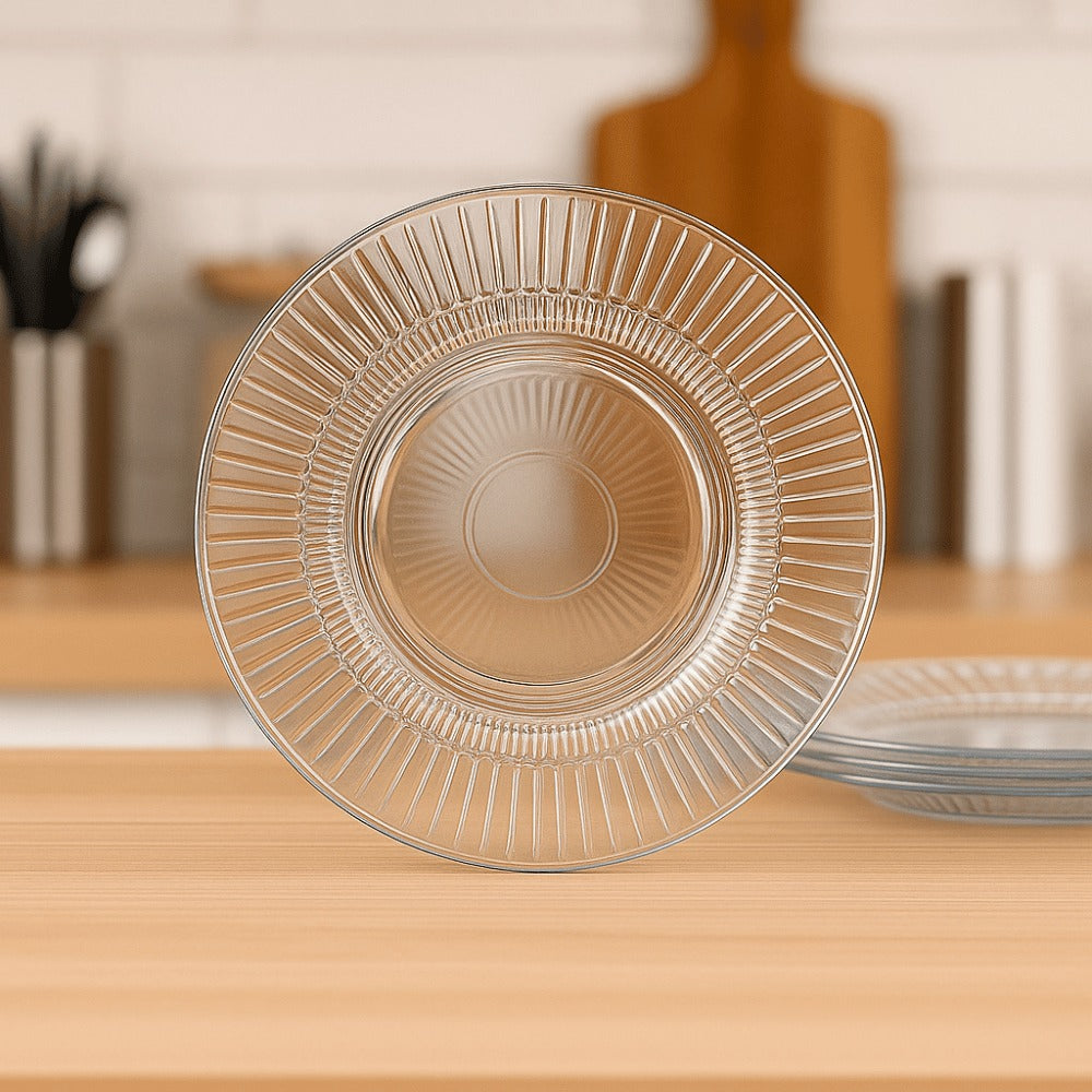 Glass Platter Set | 6-Piece Transparent Dinner Plates | Premium Ribbed Edge Design | Lead-Free Crystal Glass Tableware for Snacks, Desserts & Dining