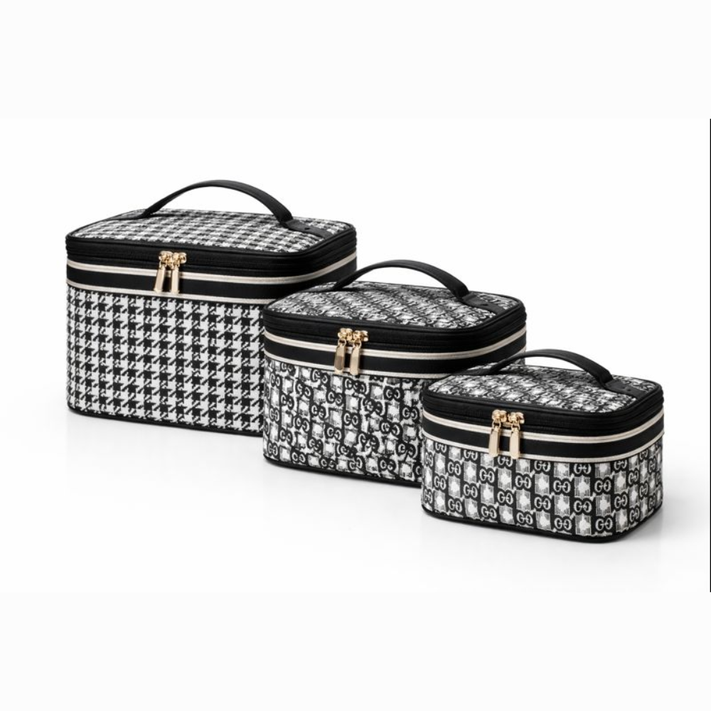 Luxury 3-Piece Professional Makeup Train Case Set – Classic Houndstooth & Monogram Cosmetic Organizer Bags with Top Handle – Portable Travel Toiletry Case for Skincare, Brushes, and Beauty Tools