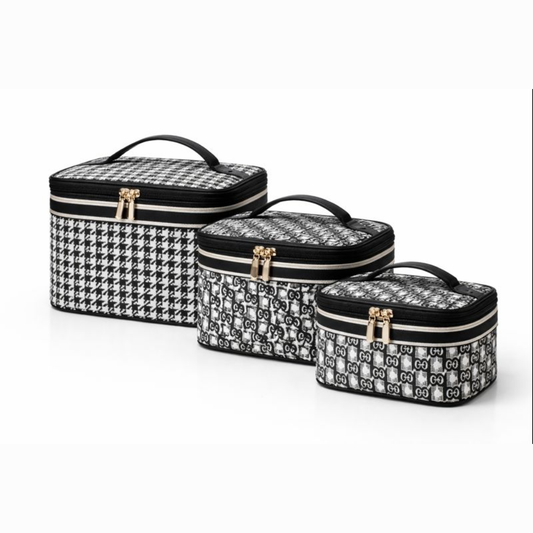 Luxury 3-Piece Professional Makeup Train Case Set – Classic Houndstooth & Monogram Cosmetic Organizer Bags with Top Handle – Portable Travel Toiletry Case for Skincare, Brushes, and Beauty Tools