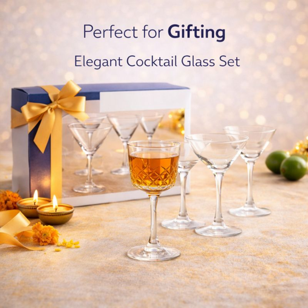 4 PCS Cocktail Glass Set – 320–340 ML Premium Diamond-Cut Glass | Elegant Long Stem Wine & Cocktail Glasses | Crystal Clear, Stable Base | Party, Home Bar & Gifting