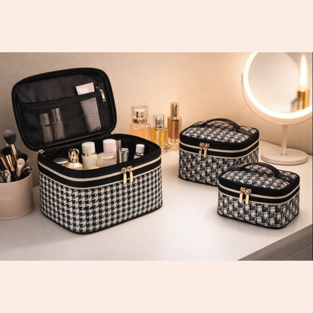 Luxury 3-Piece Professional Makeup Train Case Set – Classic Houndstooth & Monogram Cosmetic Organizer Bags with Top Handle – Portable Travel Toiletry Case for Skincare, Brushes, and Beauty Tools