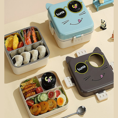 Cute Cat Kids Bento Lunch Box | 3-Compartment Leak-Proof Tiffin Box with Stainless Steel Tray | Cartoon Kitty School Lunch Box for Kids
