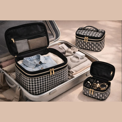 Luxury 3-Piece Professional Makeup Train Case Set – Classic Houndstooth & Monogram Cosmetic Organizer Bags with Top Handle – Portable Travel Toiletry Case for Skincare, Brushes, and Beauty Tools