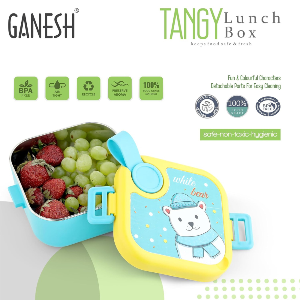 Ganesh Tangy Inner Steel Lunch Box with Multi Sticker for Kids with Spoons Heavy Plastic BPA Free Food Grade Perfect for School Kids, College, Outdoor & Picnic
