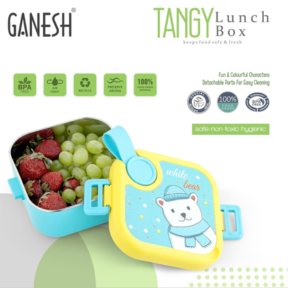 Ganesh Tangy Inner Steel Lunch Box with Multi Sticker for Kids with Spoons Heavy Plastic BPA Free Food Grade Perfect for School Kids, College, Outdoor & Picnic