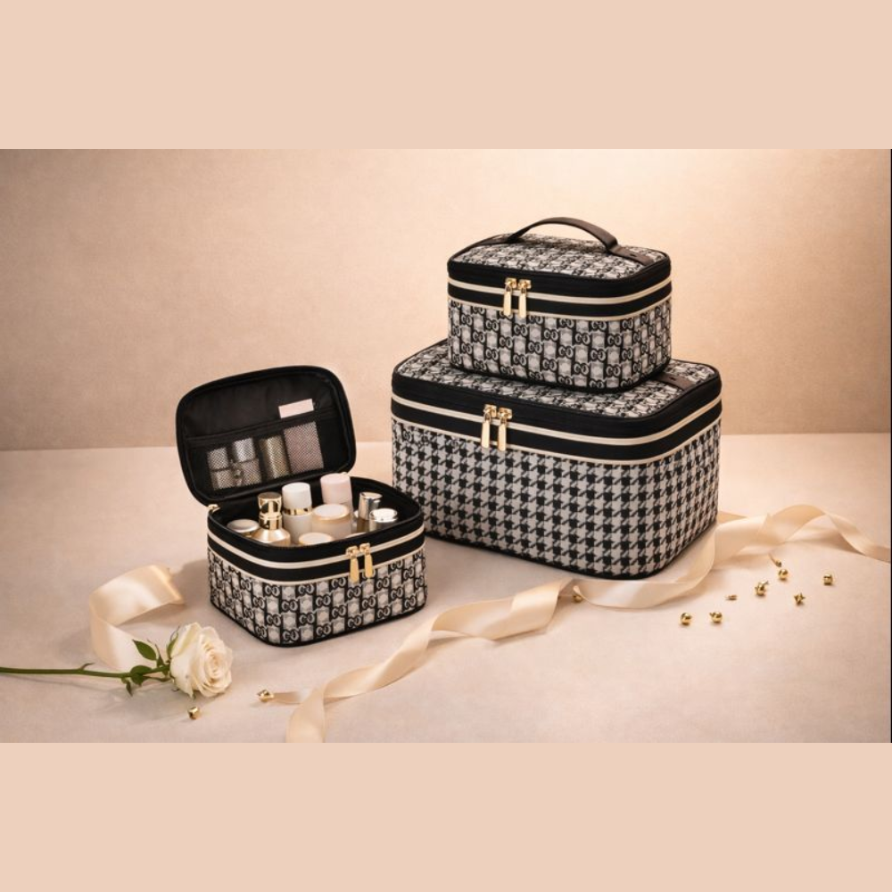 Luxury 3-Piece Professional Makeup Train Case Set – Classic Houndstooth & Monogram Cosmetic Organizer Bags with Top Handle – Portable Travel Toiletry Case for Skincare, Brushes, and Beauty Tools