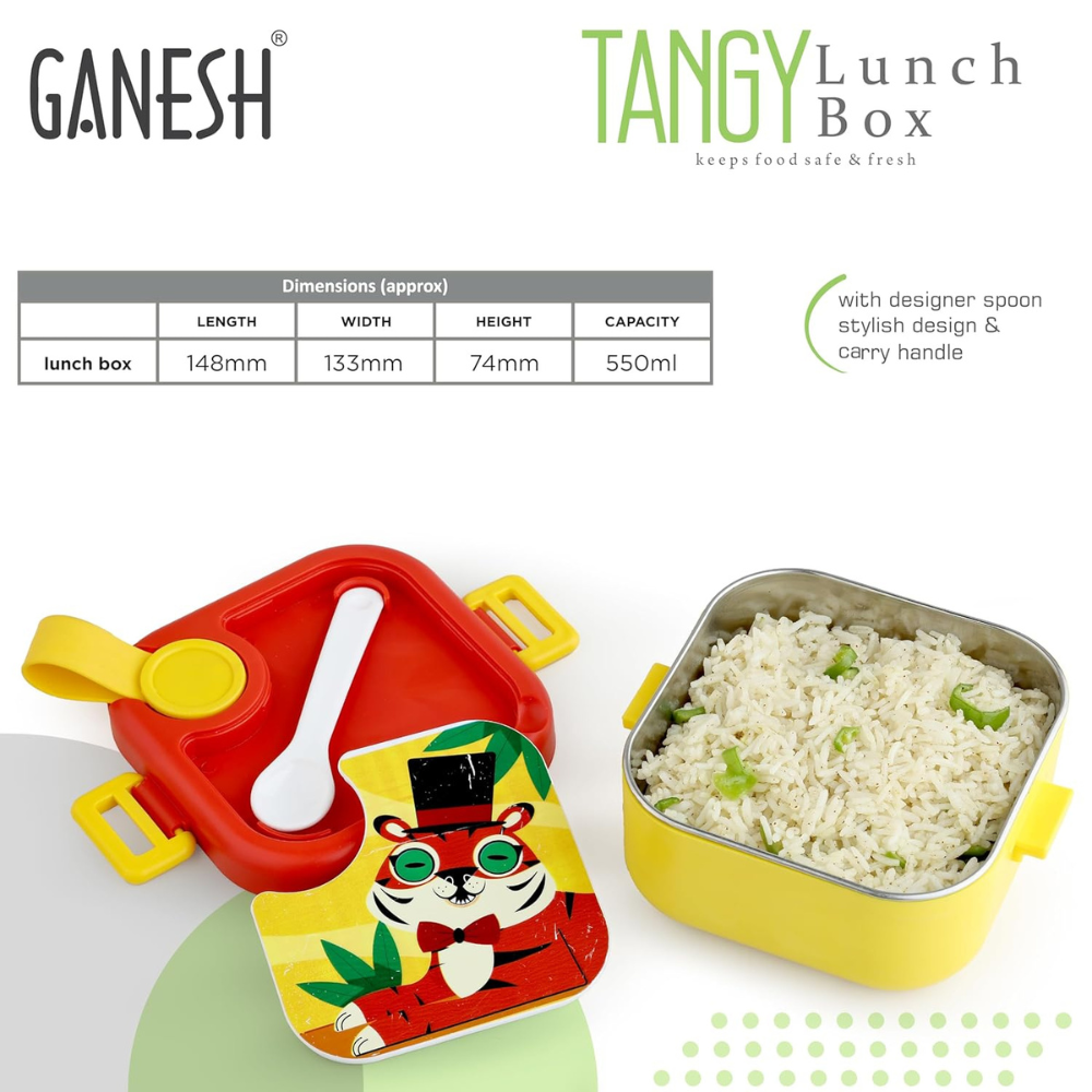 Ganesh Tangy Inner Steel Lunch Box with Multi Sticker for Kids with Spoons Heavy Plastic BPA Free Food Grade Perfect for School Kids, College, Outdoor & Picnic