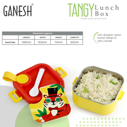 Ganesh Tangy Inner Steel Lunch Box with Multi Sticker for Kids with Spoons Heavy Plastic BPA Free Food Grade Perfect for School Kids, College, Outdoor & Picnic