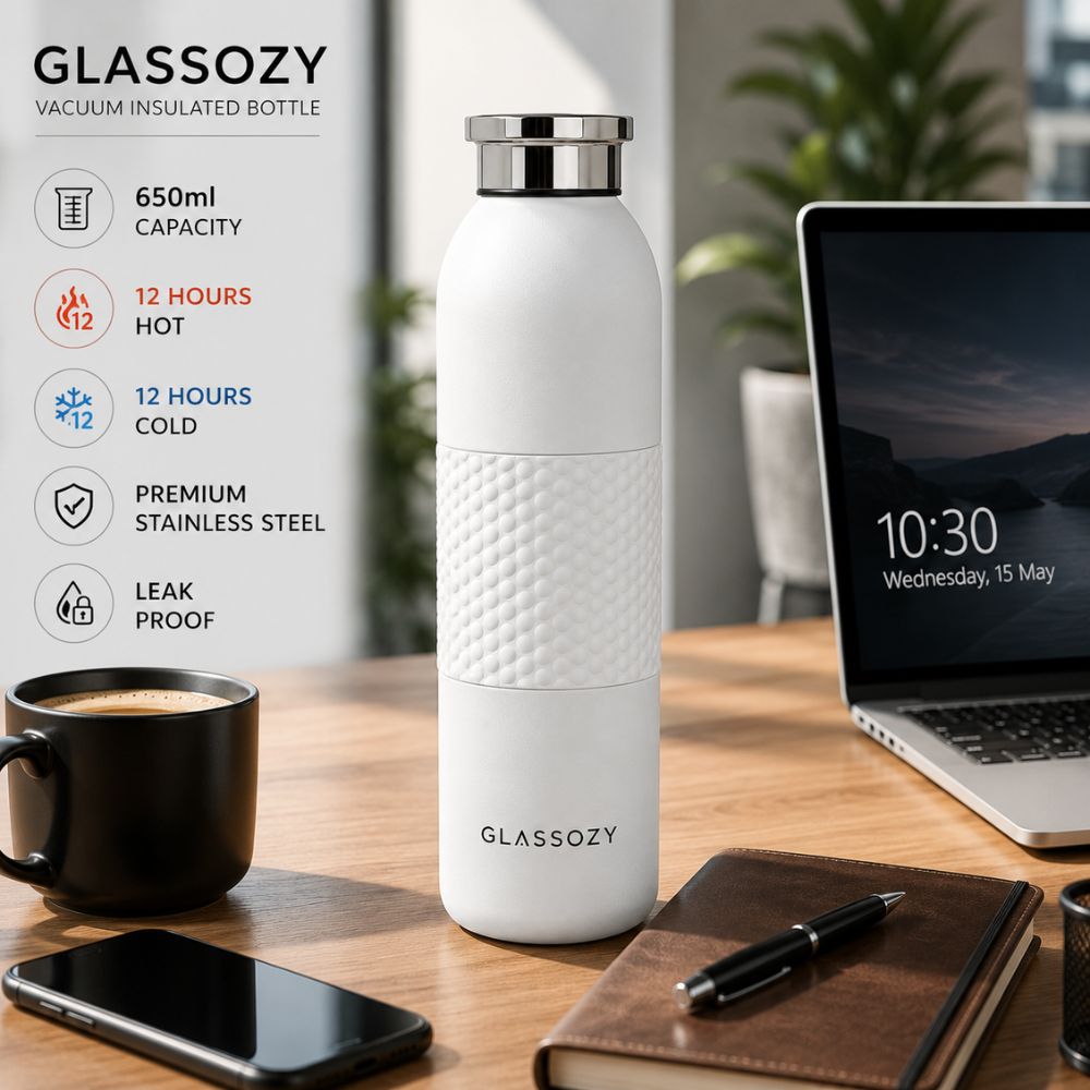 Glassozy 650ml Vacuum Insulated Stainless Steel Water Bottle – 12 Hours Hot & Cold, Leak-Proof, BPA-Free Reusable Travel Flask