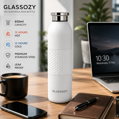 Glassozy 650ml Vacuum Insulated Stainless Steel Water Bottle – 12 Hours Hot & Cold, Leak-Proof, BPA-Free Reusable Travel Flask