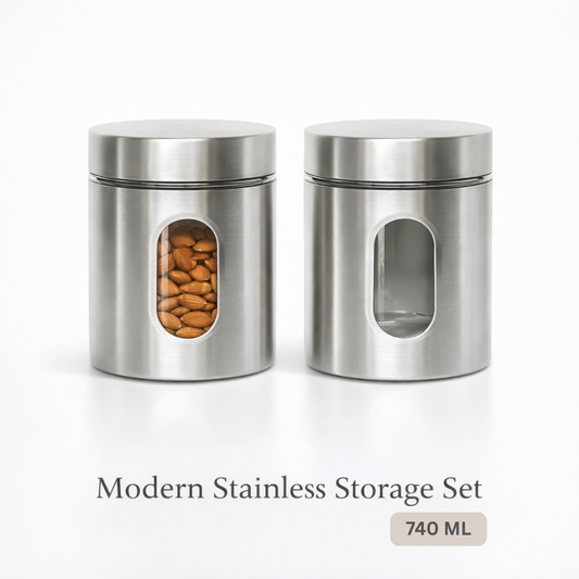 740 ML Stainless Steel Storage Jar Set of 2 with Transparent Window – Airtight Kitchen Container for Dry Fruits, Coffee, Sugar, Tea & Snacks (Modern Silver Finish)