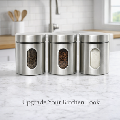 740 ML Stainless Steel Storage Jar Set of 2 with Transparent Window – Airtight Kitchen Container for Dry Fruits, Coffee, Sugar, Tea & Snacks (Modern Silver Finish)