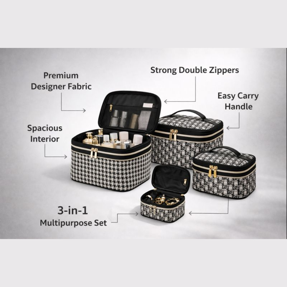 Luxury 3-Piece Professional Makeup Train Case Set – Classic Houndstooth & Monogram Cosmetic Organizer Bags with Top Handle – Portable Travel Toiletry Case for Skincare, Brushes, and Beauty Tools