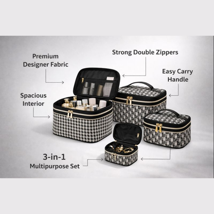 Luxury 3-Piece Professional Makeup Train Case Set – Classic Houndstooth & Monogram Cosmetic Organizer Bags with Top Handle – Portable Travel Toiletry Case for Skincare, Brushes, and Beauty Tools