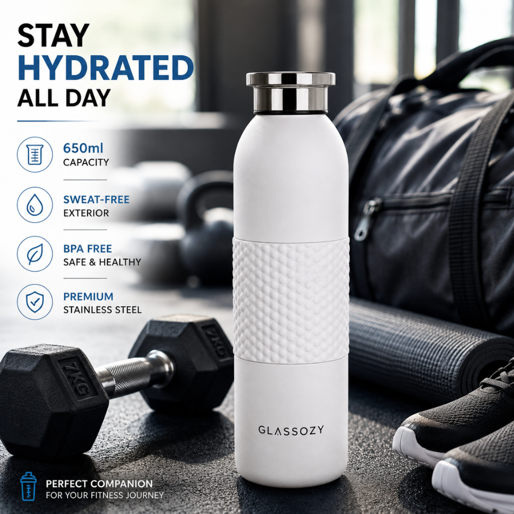 Glassozy 650ml Vacuum Insulated Stainless Steel Water Bottle – 12 Hours Hot & Cold, Leak-Proof, BPA-Free Reusable Travel Flask