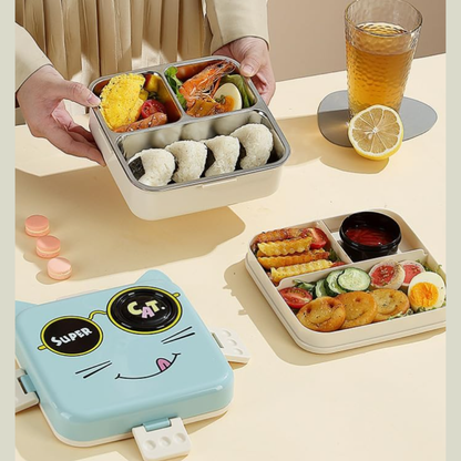 Cute Cat Kids Bento Lunch Box | 3-Compartment Leak-Proof Tiffin Box with Stainless Steel Tray | Cartoon Kitty School Lunch Box for Kids