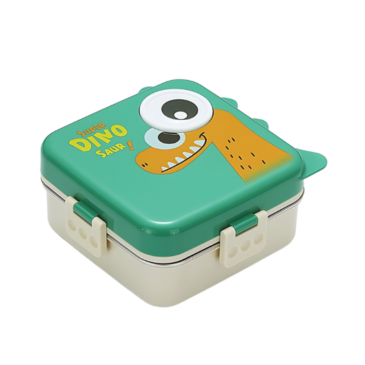 Cute Dinosaur Kids Lunch Box | 3-Compartment Leak-Proof Bento Tiffin with Stainless Steel Tray | Cartoon Dino School Lunch Box for Boys & Girls