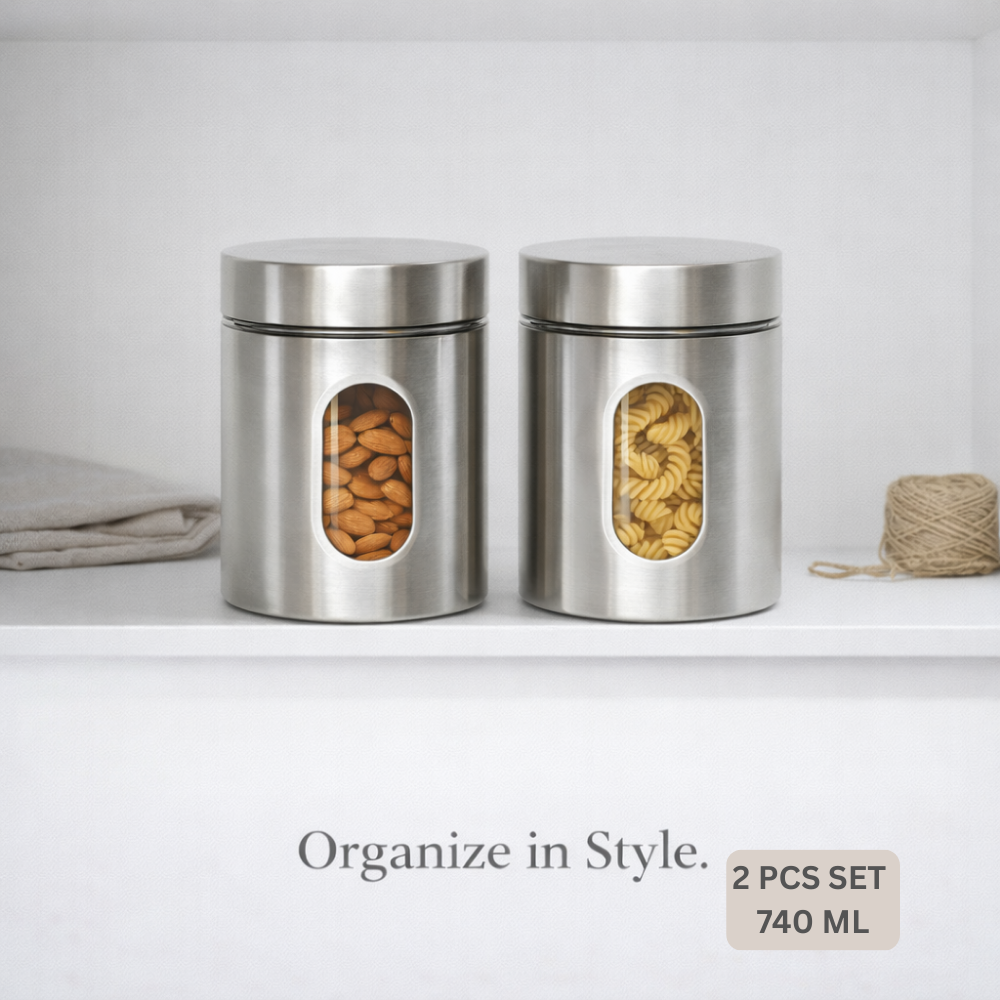 740 ML Stainless Steel Storage Jar Set of 2 with Transparent Window – Airtight Kitchen Container for Dry Fruits, Coffee, Sugar, Tea & Snacks (Modern Silver Finish)