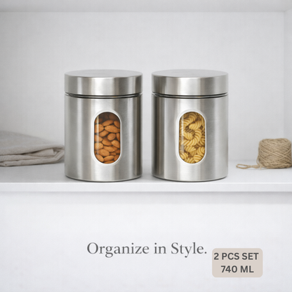 740 ML Stainless Steel Storage Jar Set of 2 with Transparent Window – Airtight Kitchen Container for Dry Fruits, Coffee, Sugar, Tea & Snacks (Modern Silver Finish)