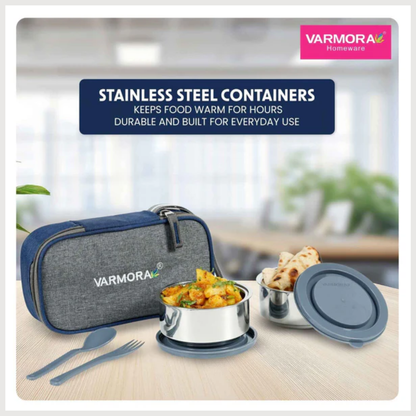 Varmora SS | Insulated Stainless Steel Lunch Box With 2 Containers | Lunch Bag Included | Airtight & Leak-Proof