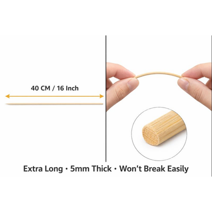 16 Inch Bamboo Skewers (50 Pcs) | Extra Long 40cm BBQ Sticks | 5mm Thick Wooden Sticks for Paneer Tikka, Soya Chaap, Kebabs, Fruits & Party Serving