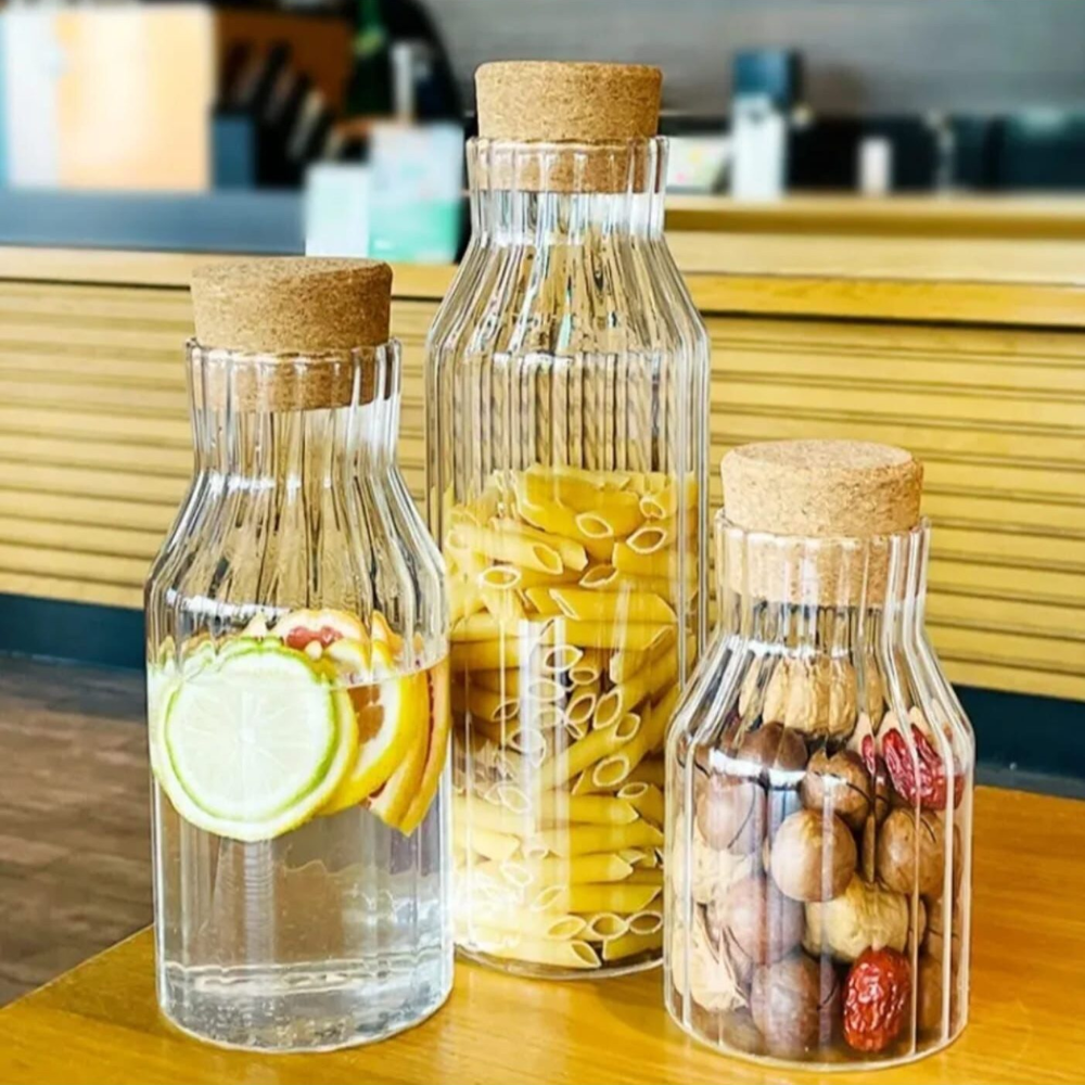 Echou 3-Piece Borosilicate Glass Storage Jar Set with Spherical Cork Lids – 600ml, 800ml, 1200ml