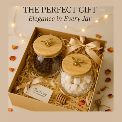 Glassozy 600 ml Premium Borosilicate Glass Jar 2 PCS with Bamboo Lid & Golden Bee Handle — Elegant Airtight Container for Honey, Dry Fruits, Tea, or Coffee