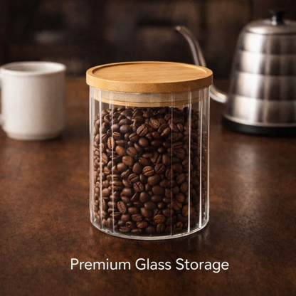 Aesthetic Ribbed Glass Storage Jar 1 PCS with Airtight Natural Wood Lid – Modern Fluted Pantry Canister for Cookies, Nuts, and Kitchen Organization.