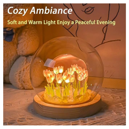Glassozy Tulip Crystal Dome LED Lamp – Luxury Flower Night Light with Wooden Base | Romantic Bedroom Decor, Gift for Couples, Anniversary & Home Aesthetic Lighting