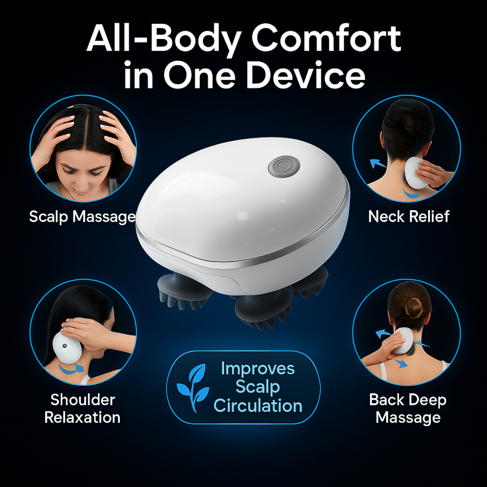 Electric Scalp Massager with 4 Replaceable Heads – Waterproof Rechargeable Head & Body Massager for Relaxation, Hair Growth & Stress Relief