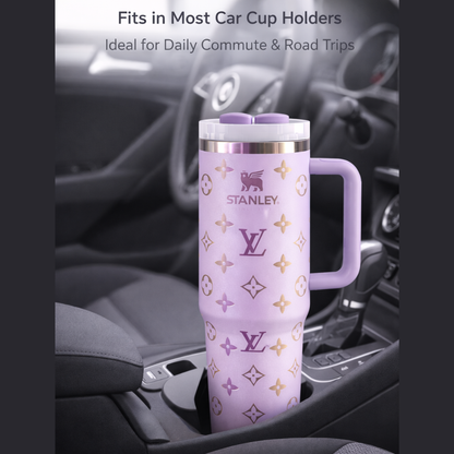 Stanley LV Inspired 40oz Quencher Tumbler – Custom Lavender Monogram Insulated Cup with Handle & Straw – Luxury Travel Mug for Hot & Cold Drinks