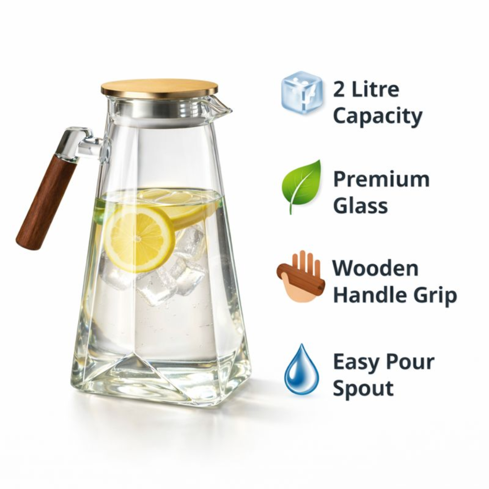 Premium Glass Water Jug 2 Litre with Wooden Handle | Lemon Water, Juice & Iced Tea Pitcher | Easy Pour Spout | Transparent Glass Carafe for Home & Dining