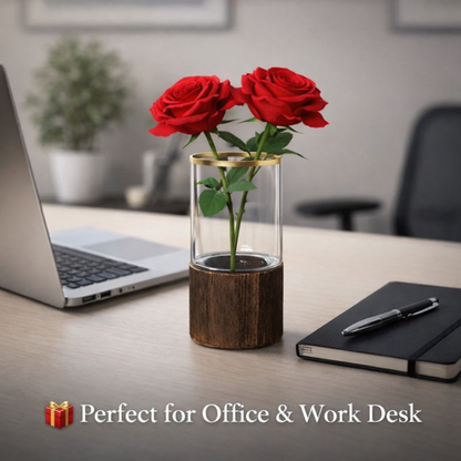 Premium Artificial Red Rose with Glass Vase & Wooden Base – 8 Inch Elegant Home Décor Showpiece for Living Room, Office & Gifting