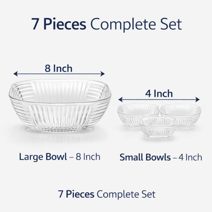 7 PCS Premium Glass Bowl Set (1 Large 8 Inch + 6 Small 4 Inch) | Clear Transparent Serving Bowls for Snacks, Dessert, Fruits & Kitchen Use | Stackable & Easy to Clean