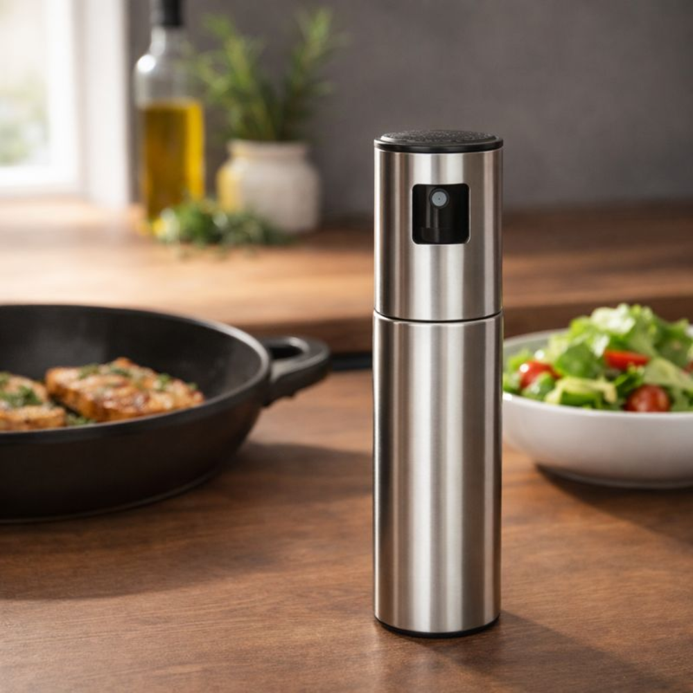 Glassozy 100ml Oil Sprayer for Cooking - Premium Stainless Steel & Glass Vinegar Dispenser - Food-Grade Oil Mister for Air Fryer, Grilling, Salads, and Baking - Reusable & Leak-Proof (Silver)