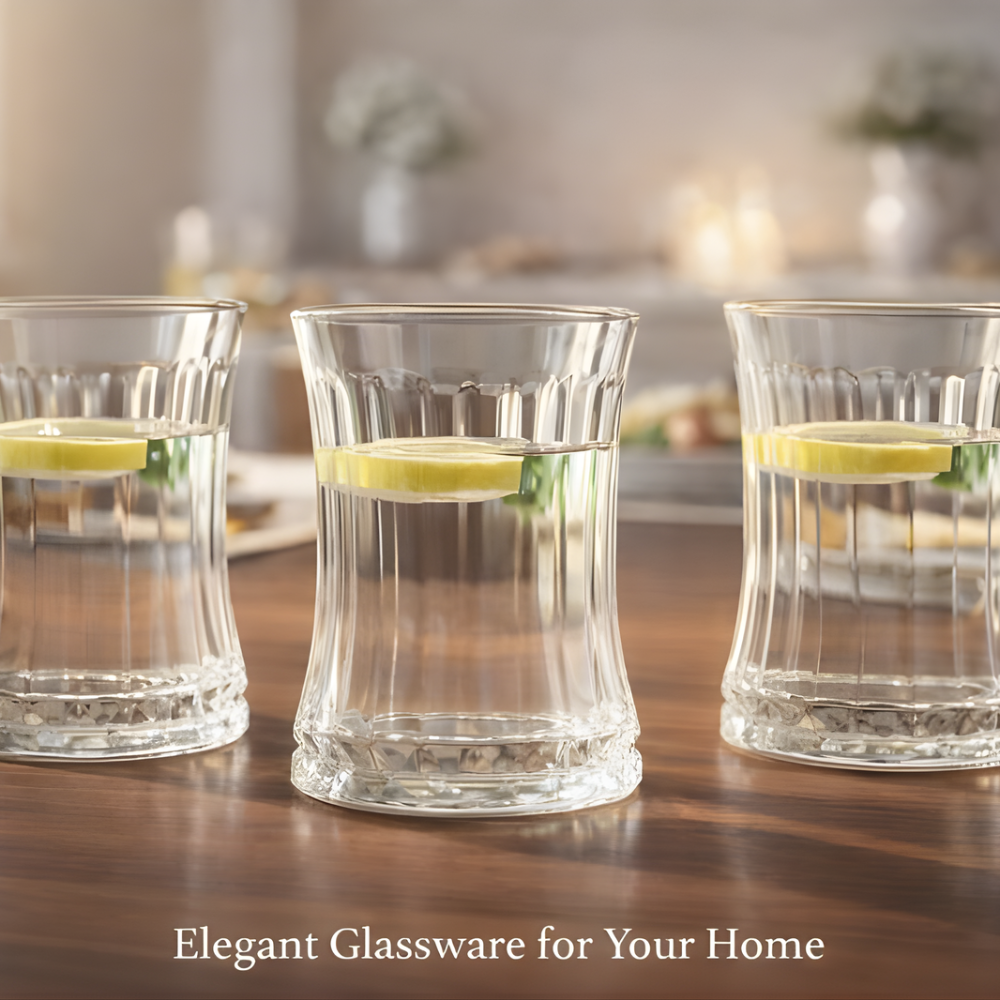 Glassozy 6-Piece Ribbed Crystal Water Glass Set – 12oz Premium Glassware with Wooden Serving Tray – Perfect Gift for Housewarming, Weddings & Hosting